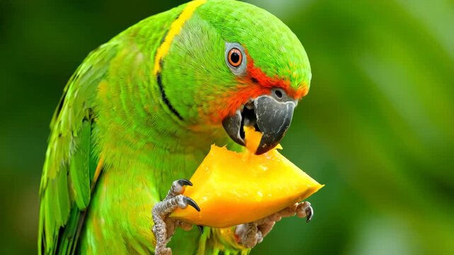 A stunning green parrot with vibrant plumage enjoys a juicy slice of yellow mango, showcasing its colorful features against a lush tropical background