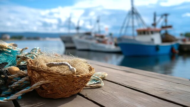 Faceless close-up of tangled fishing nets draped over sun-bleached wooden pier, defocused fishing boats gently rocking in the background, with copy space