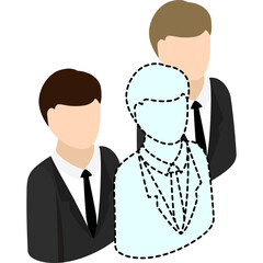 Group of Three Business People in Suits with One Figure Outlined in Light Blue and Dashed Lines Against a Transparent Background Representing Teamwork and Professional Collaboration