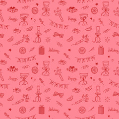 Winter holiday seamless vector pattern with line art whimsical doodle party elements. Hand drawn gifts, champagne, glass, firecracker, orange, garland, lettering on pink background.