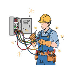 Electrician Working On Electrical Panel With Wires And Tools Isolated On Transparent Background