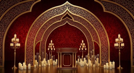 Mysterious and ornate gothic archway adorned with intricate golden patterns and illuminated by numerous flickering candles creating a dramatic and atmospheric scene