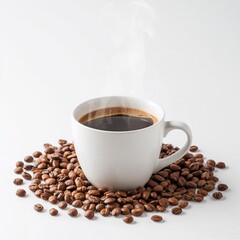 Fototapeta premium Cup of hot coffee with rising steam and coffee beans around, isolated on white background.