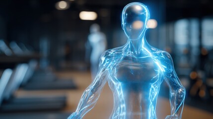 Futuristic Holographic Figure Representing Fitness in a Modern Gym Environment During Daytime