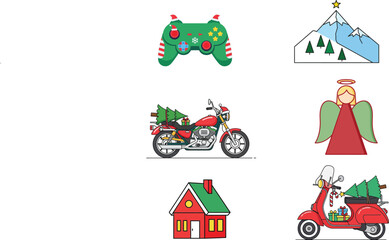 Collection of christmas themed illustrations including a motorcycle scooter house angel mountain and game controller