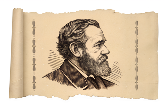 An artistic vintage engraving shows a bearded man's head in profile on an old parchment scroll, isolated on transparent background.