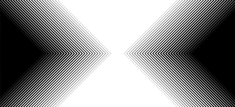 Black halftone arrow pattern. Repeated fading triangle gradation background. Arrows pointing to center direction backdrop. Vector thin to thick speed line concept texture for poster, banner, cover