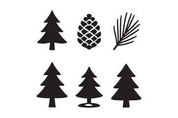 Obraz premium Simple black silhouettes of various evergreen trees and a pine cone