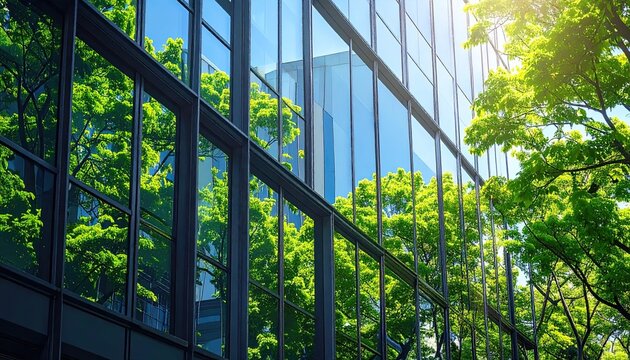 Modern glass building reflects lush green trees under a bright blue sky, creating a vibrant image