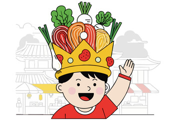 A joyful young boy wears a vegetable crown, celebrating a delicious meal. A traditional Korean building forms a charming backdrop. Vibrant and playful illustration.