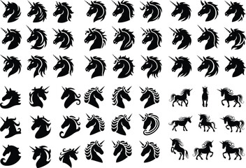 Unicorn Face Icon Set Magical Unicorn Silhouette Vector Collection