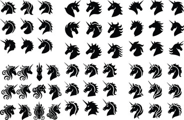 Unicorn Face Icon Set Magical Unicorn Silhouette Vector Collection