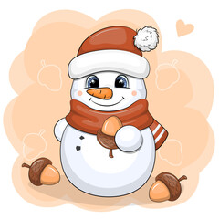 Cute cartoon Snowman and acorns. Autumn Vector illustration on orange background.