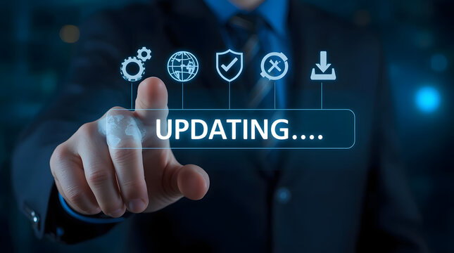 Businessman touching screen with updating progress bar and technology icons, concept of software update or system upgrade