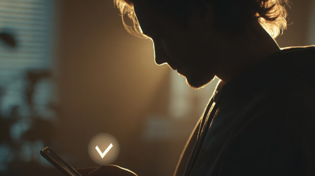 Silhouette man smartphone security check icon mobile verification password login calm mood in warm light with profile view and soft bokeh