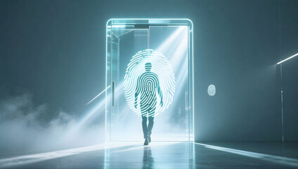 Futuristic security door biometric fingerprint access control passkey ux neon glow misty corridor minimal sci fi concept