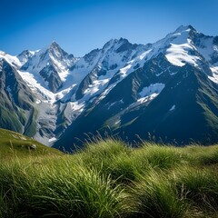 Mountains covered in snow and grass on a sunny day in the alps of switzerland region area alps