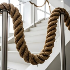 Rope barrier on stairs with metal posts provides guidance and safety for pedestrians here