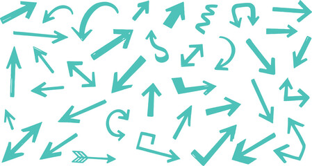 Collection of hand drawn teal arrows pointing in many different directions and styles