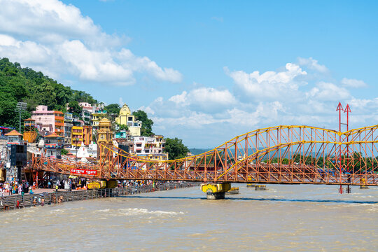 haridwar, india. 15th september, 2023: people is doing purification ceremony in ganges river at haridwar