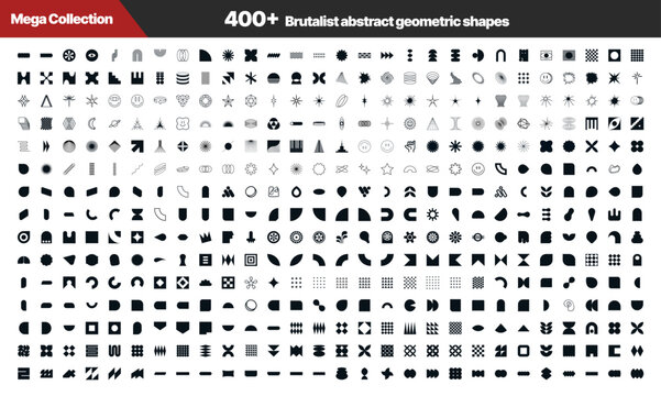 Brutalist abstract geometric shapes and grids. Brutal contemporary figure star oval spiral flower and other primitive elements. Swiss design aesthetic. Bauhaus memphis design.