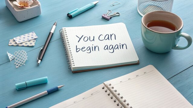 Notebook with motivational quote You can begin again on a blue desk