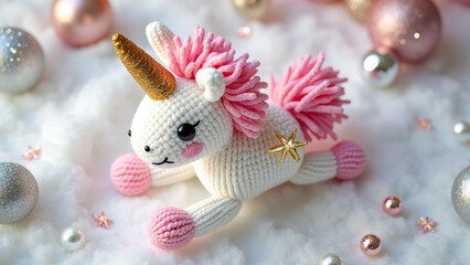 Knitted Pastel Unicorn with Golden Horn on Snowy White Background with Christmas Ornaments