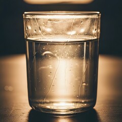 A glass of water with cracks on the side standing on a wooden surface with a dark background