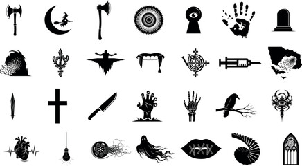 Collection of dark gothic and spooky silhouette icons for halloween and horror themes