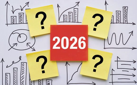 2026 Financial Forecast Concept with Question Marks and Business Graphs