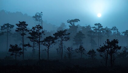 A mystical forest at dusk, trees silhouetted against a hazy, moonlit sky