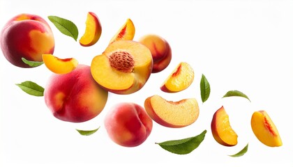 vibrant falling peach pieces and whole fruits for summer snack designs antioxidant rich food content and fruity compositions sliced peach and whole stone fruit isolated falling down