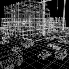 Construction site wireframe rendering with cranes and heavy machinery in black and white style