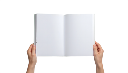 Open blank notebook held by hands for writing story ideas and creating new projects isolated on transparent background