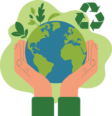 Hands holding planet earth with green leaves and recycle symbol vector illustration vector
