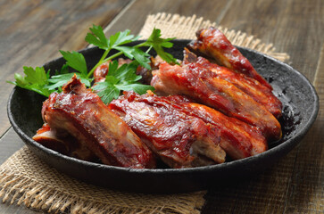 Roasted pork ribs on plate