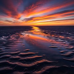 Vibrant sunset reflection on wet sand creating a beautiful and serene beach landscape scene