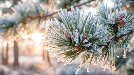 Frost-covered Pine Needles Glimmering in Winter Morning Light