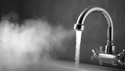 A faucet is spraying water and steam. The steam is coming out of the faucet and filling the room