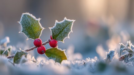 Frosted Holly Berries on a Winter Morning with Soft Background Light