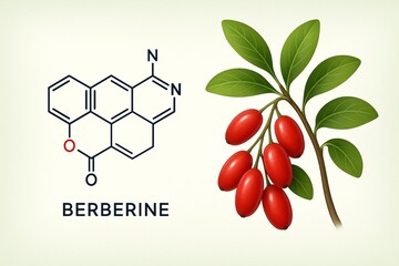 Berberine Molecular Structure with Barberry Fruits and Leaves &ndash; Scientific Botanical Illustration