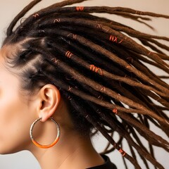 Woman with dreadlocks and orange accents wearing hoop earrings looking to the side in a studio setting