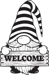 Charming gnome holding a welcome sign with striped hat, perfect for festive decor and garden art