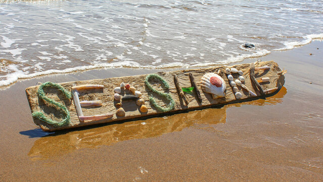 rustic seashore sign on a beach
