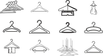 Collection of hand drawn sketch style clothing hangers and a pair of legs standing on a floor