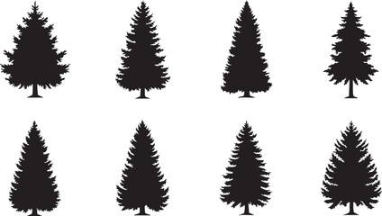 Eight distinct black silhouette evergreen trees, perfect for adding natural beauty to any design project