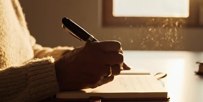 Close-up of a person writing in a notebook with a pen, illuminated by sunlight.