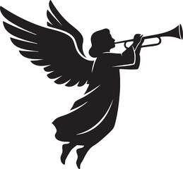 Majestic angel silhouette blowing trumpet, announcing celestial news with powerful wings spread wide in a stylized, graphic design.