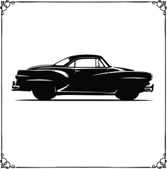 Vintage Car Silhouette Vector Featuring Side View of Classic Automobile with Rounded Roof, Fenders, and Decorative Frame
