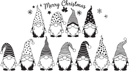 Charming collection of festive gnomes with merry Christmas text and snowflakes, perfect for holiday decorations and seasonal designs